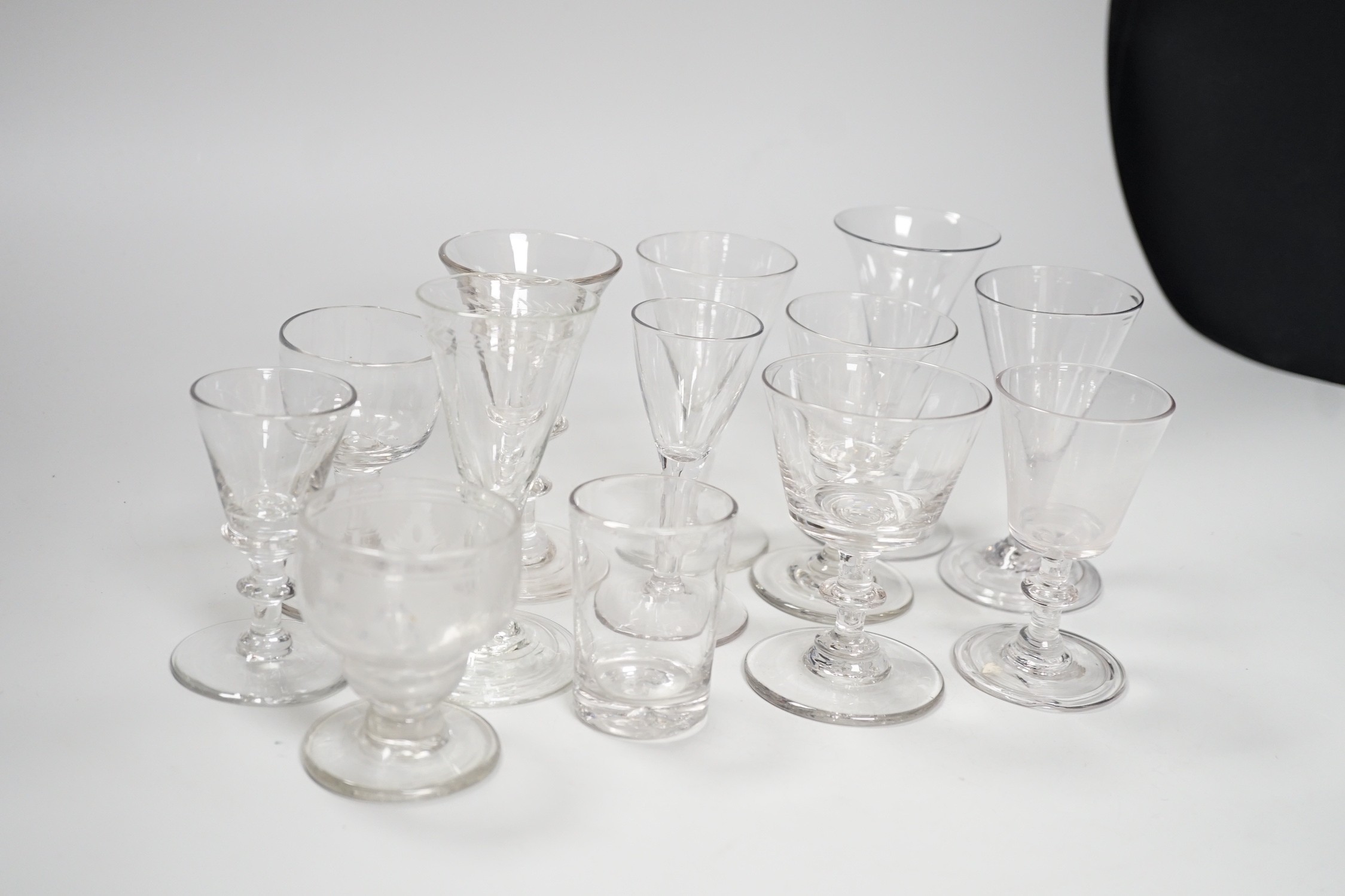 Thirteen various 18th/19th century wine glasses. Tallest 12cm